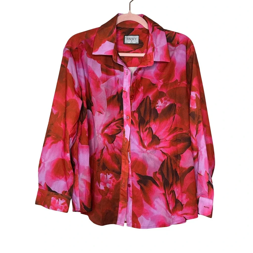 RNWY Pink Floral 2 Piece Set Oversized Button Down Shirt and Shorts Womens‎ M L